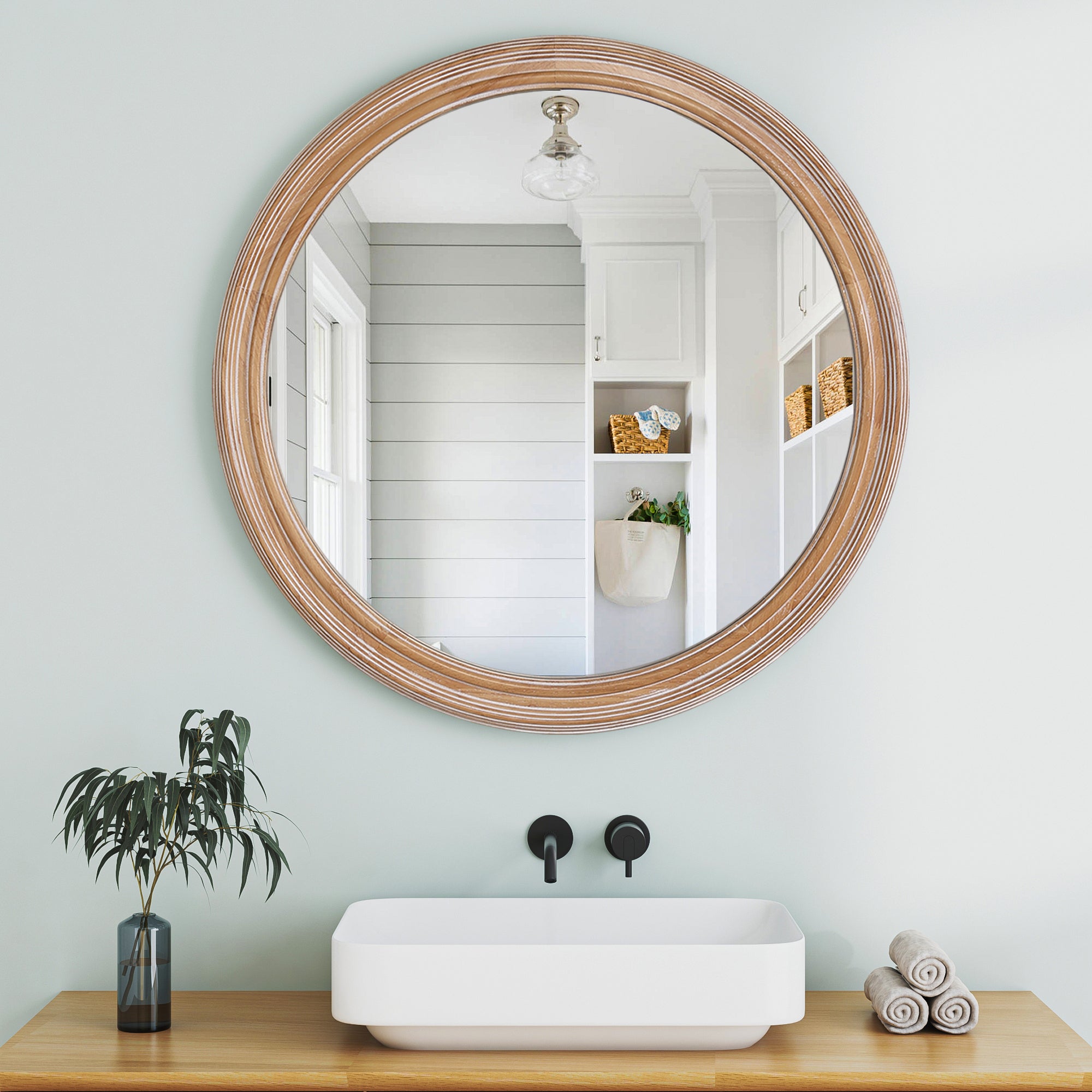 Antique whitewash wood and metal round wall mirror, 27.56 inches, from Anthony & Home Heritage Collection.