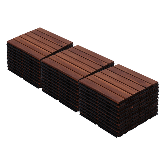 Anthony & Home Acacia Studio Interlocking Deck Tiles with striped pattern, 12-inch size, suitable for outdoor flooring or patios.