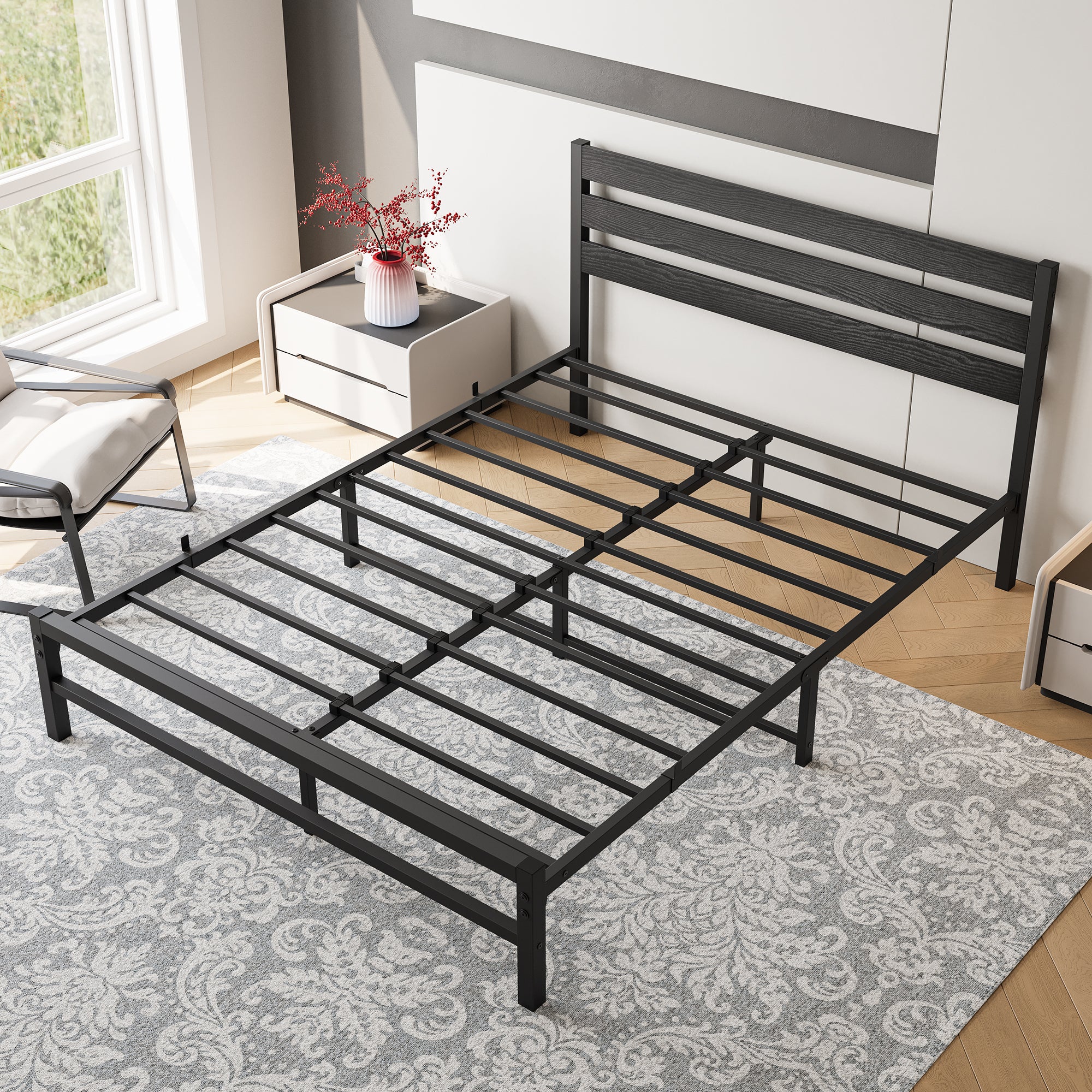 Heritage Queen wood platform bed frame with headboard by Anthony & Home, showing the sturdy wooden design and modern style.