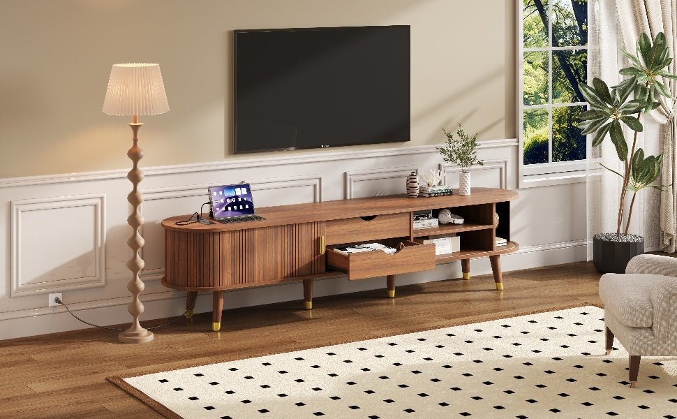 Walnut mid-century TV stand by Anthony & Home with sleek design, storage compartments, and tapered legs.