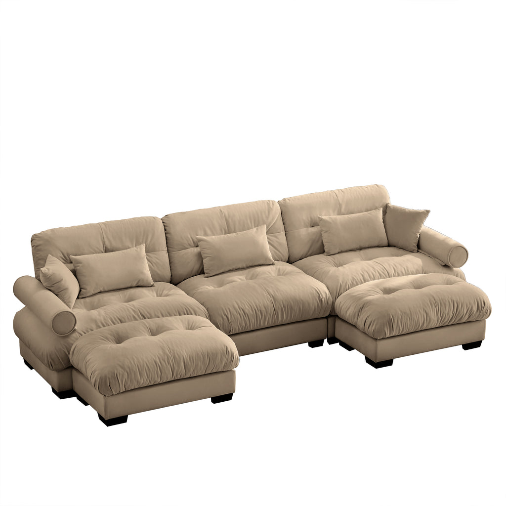 Exclusive Camel Velvet U Shape Modular Sectional Sofa With Movable Ottomans And Convertible L Shaped Option