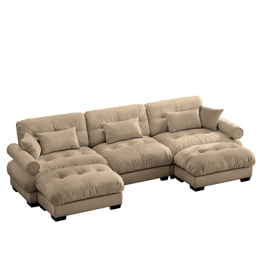 Exclusive Camel Velvet U Shape Modular Sectional Sofa With Movable Ottomans And Convertible L Shaped Option