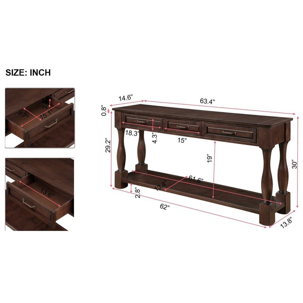 Anthony & Home 63-inch light espresso wood console table with three drawers, ideal for entryway organization and stylish decor.