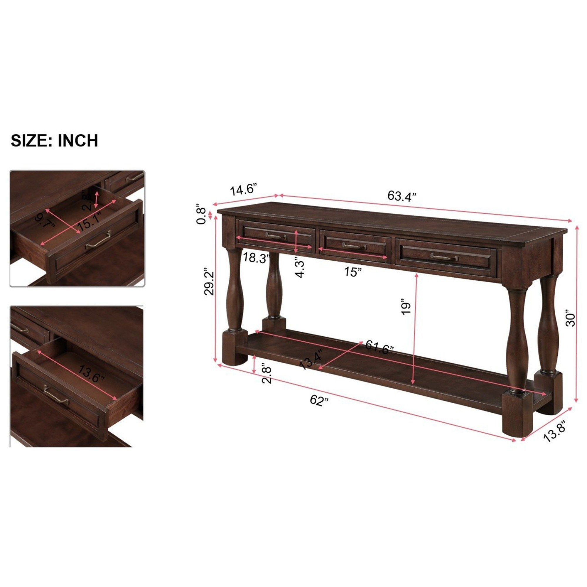Anthony & Home 63-inch light espresso wood console table with three drawers, ideal for entryway organization and stylish decor.