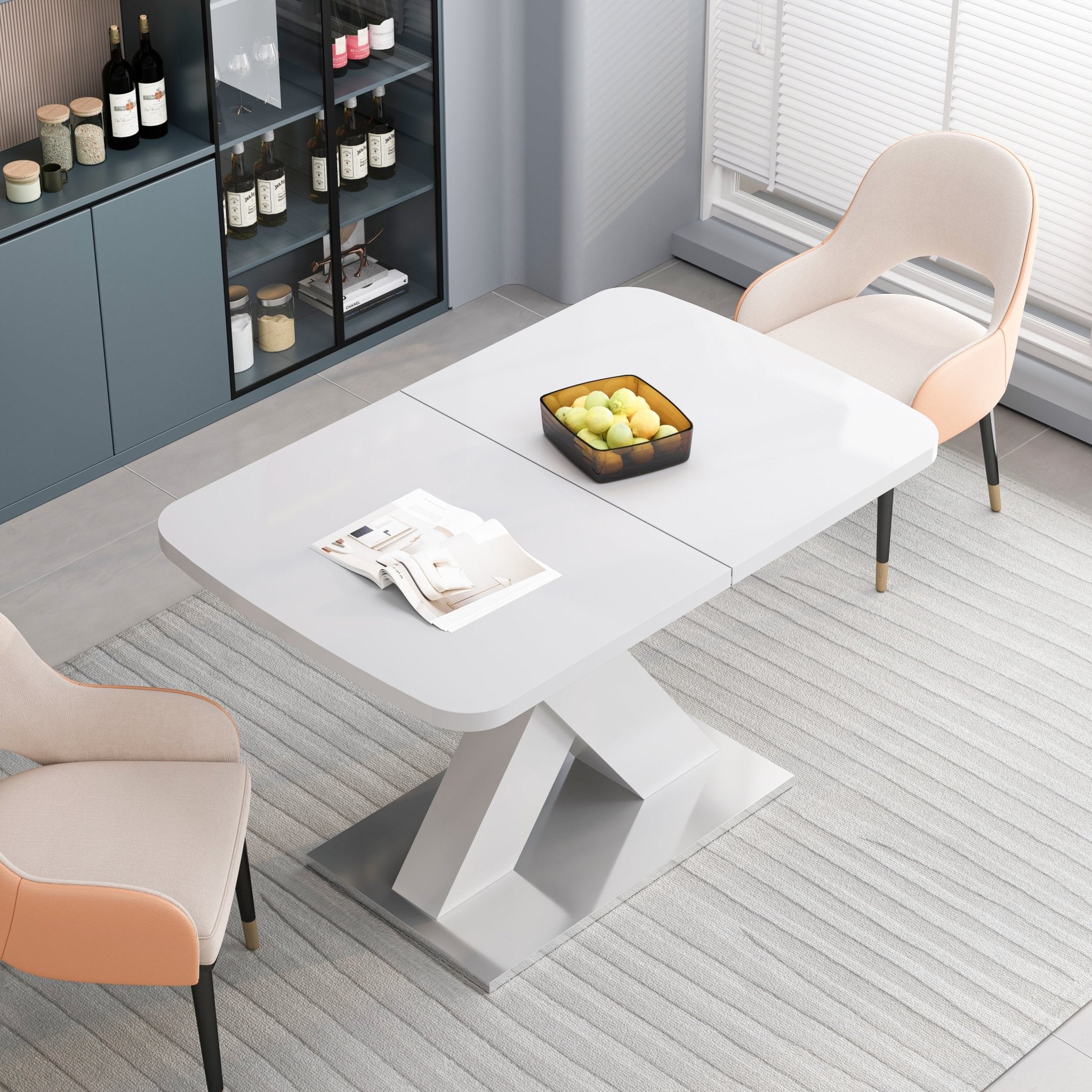 Rectangle dining table with X-shaped steel base by Anthony & Home, showcasing a modern wood tabletop and sturdy industrial design.
