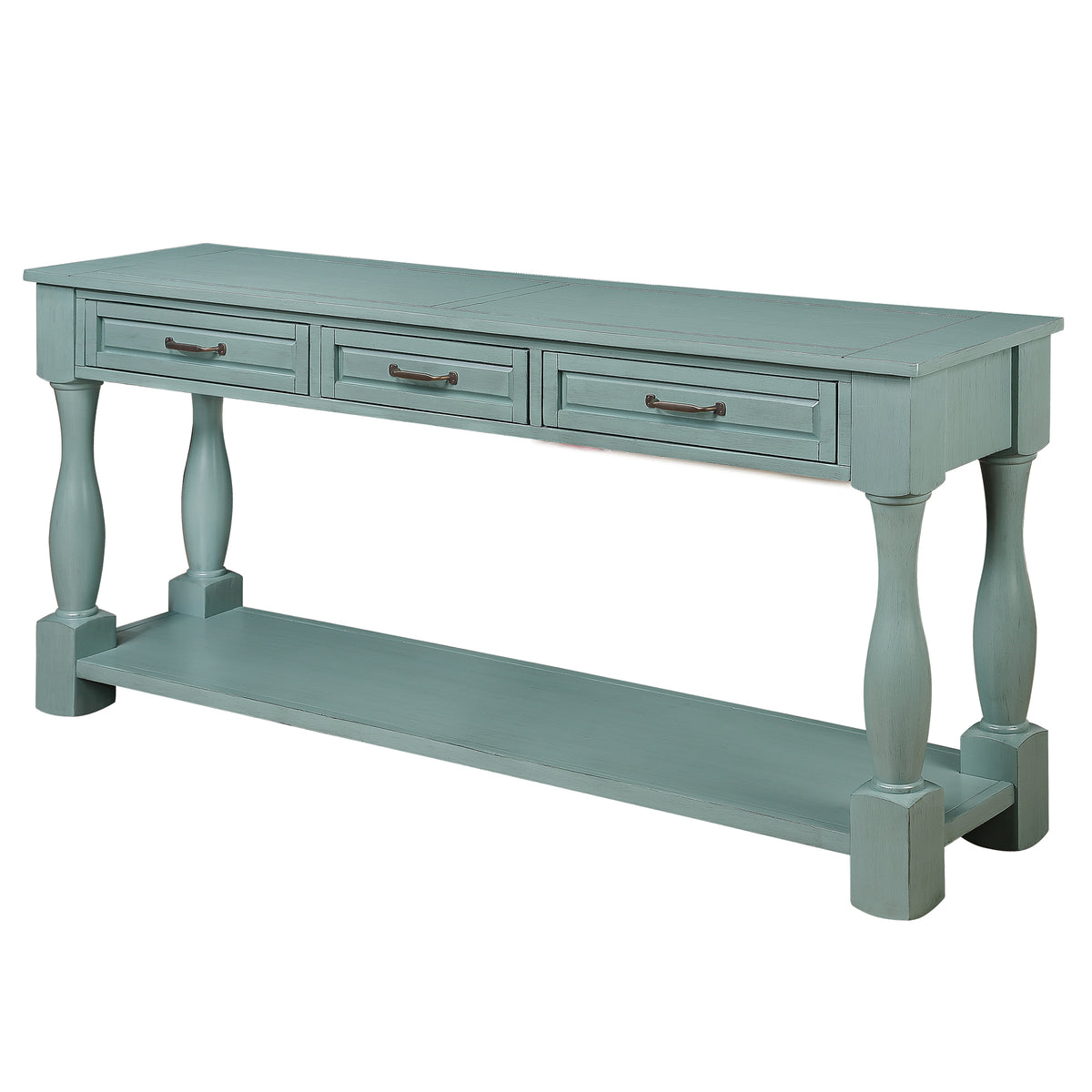 Anthony & Home Atelier solid walnut console table with 3 drawers, shelf, 63-inch length, in retro blue, easy to assemble.