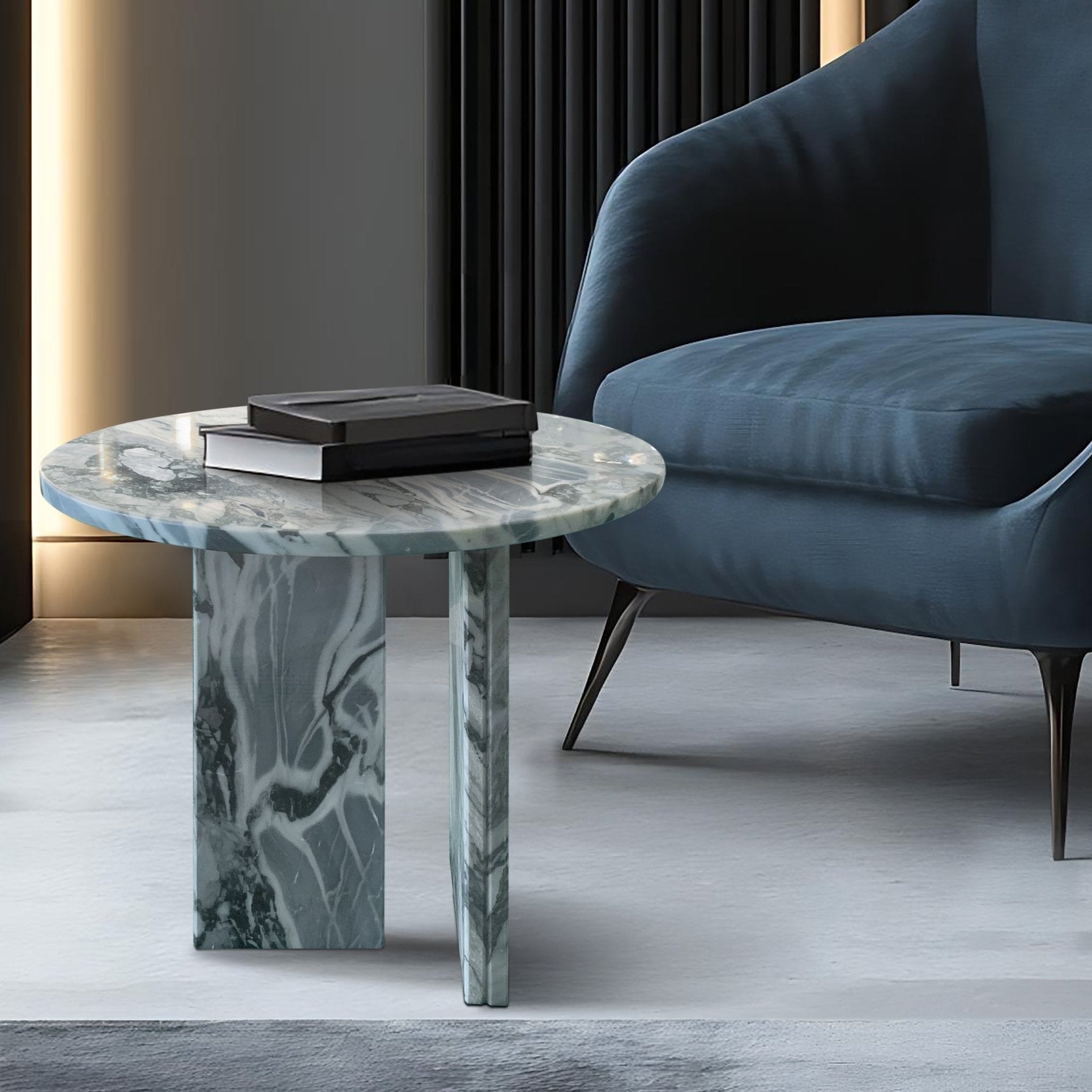 Blue grey marble round coffee table by Anthony & Home featuring a sleek, polished surface and modern design.