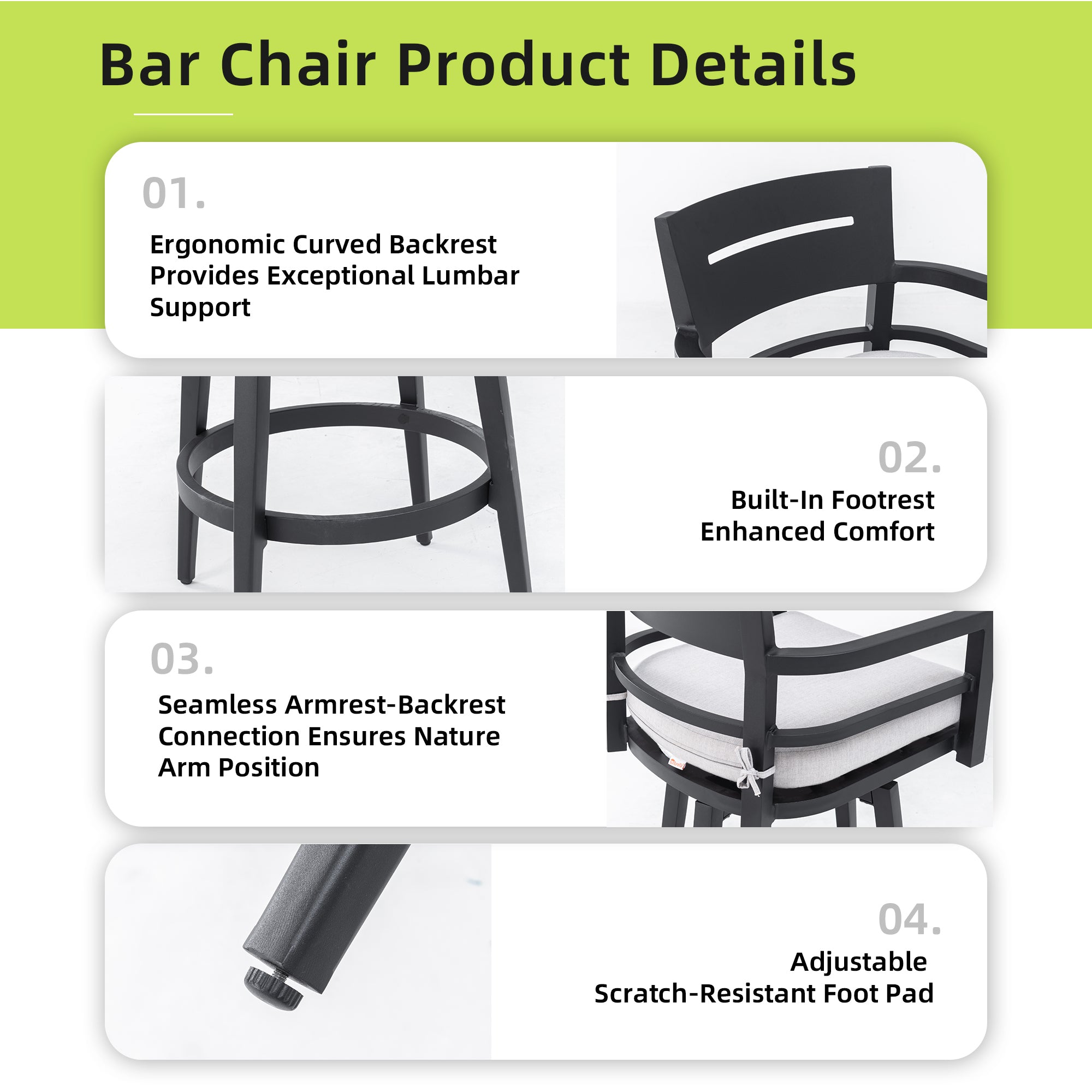 Pair of Anthony & Home swivel bar chairs with black aluminum frames and Sunbrella cushions, ideal for outdoor patio seating.