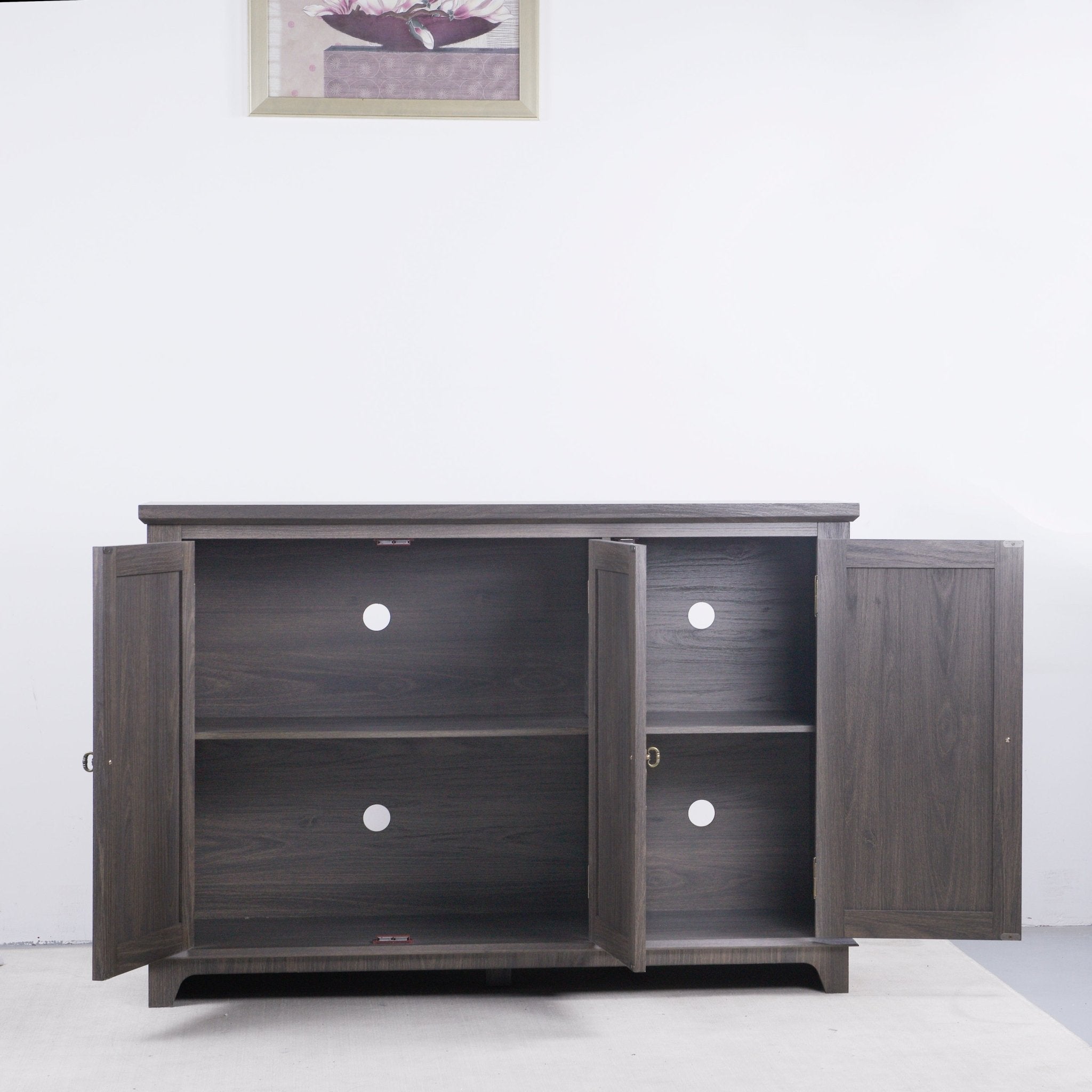 Heritage Walnut Sideboard by Anthony & Home with mirrored doors and adjustable shelves, measuring 49.3 x 15.6 inches.