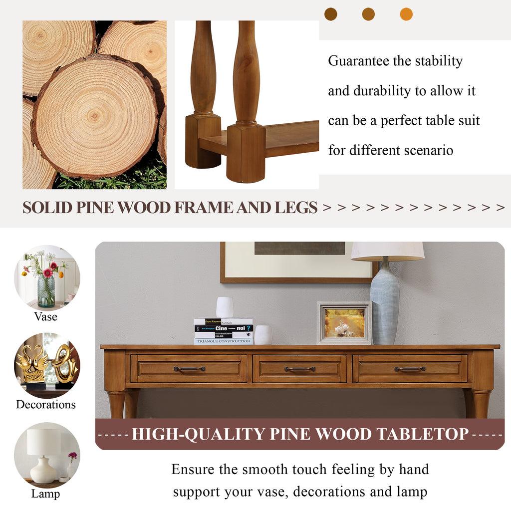 Anthony & Home signature brown 63-inch console table with three drawers, featuring a sleek wooden design and modern style.