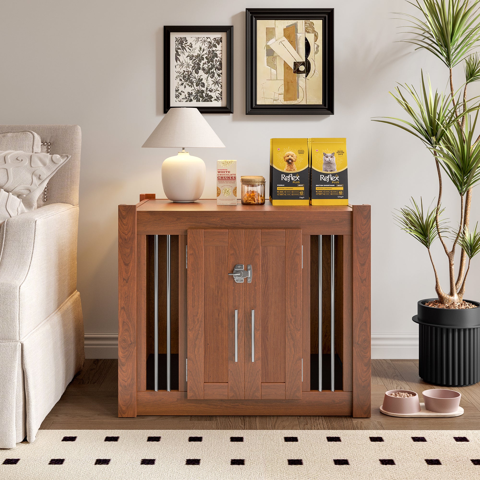 Walnut 2-in-1 nightstand and dog kennel from Anthony & Home's Atelier Collection, featuring a sleek wooden design with functional storage.