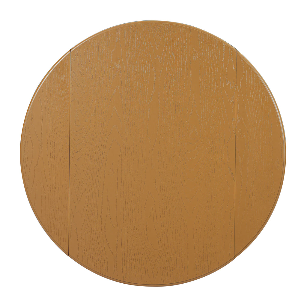Extendable round dining table by Anthony & Home, made of solid wood with a sleek, modern design for versatile dining spaces.