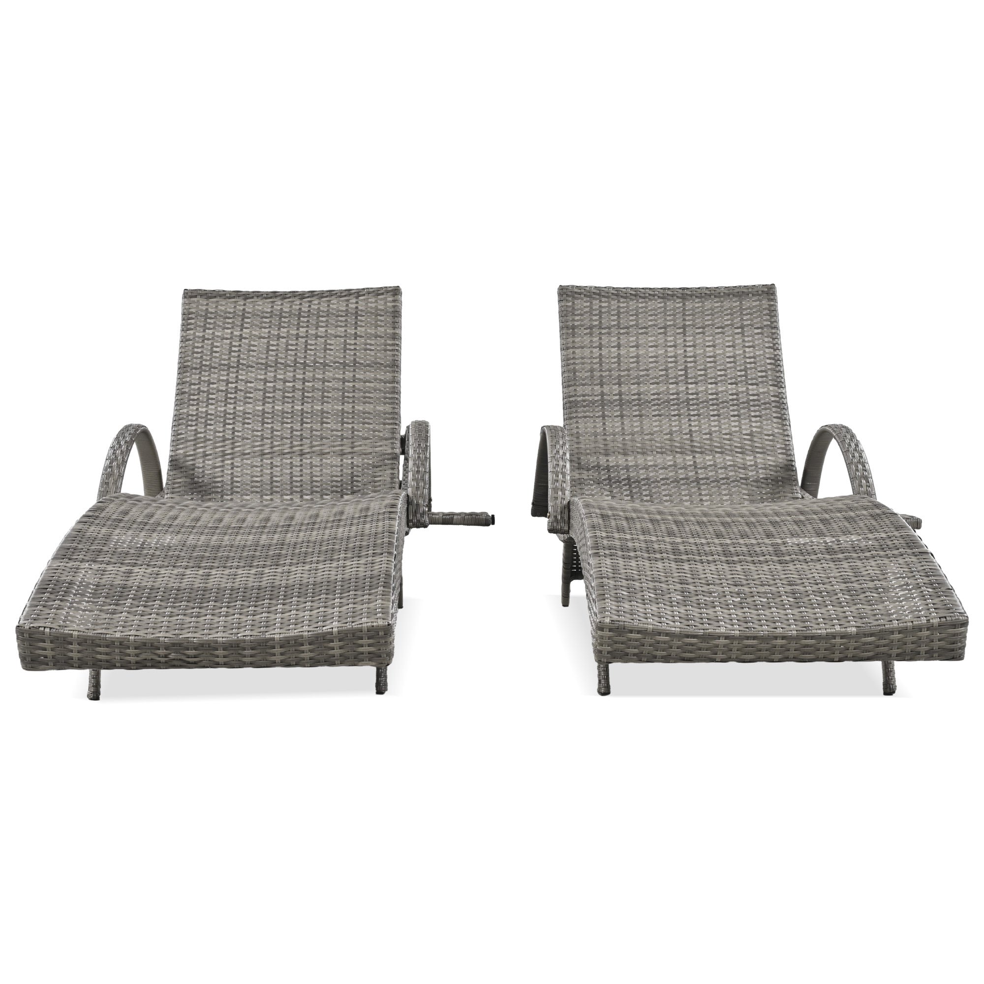 Set of two Anthony & Home outdoor wicker chaise lounge chairs with pull-out side table, adjustable backrest, grey patio sunbathing recliners
