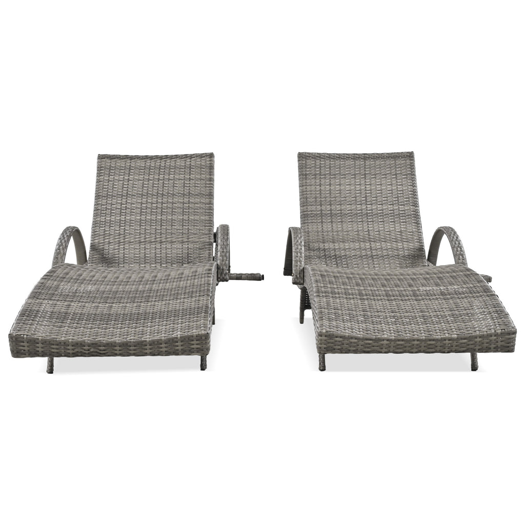Outdoor wicker chaise lounge set with ergonomic wave design in grey by Anthony & Home, showing comfortable cushioned seating.