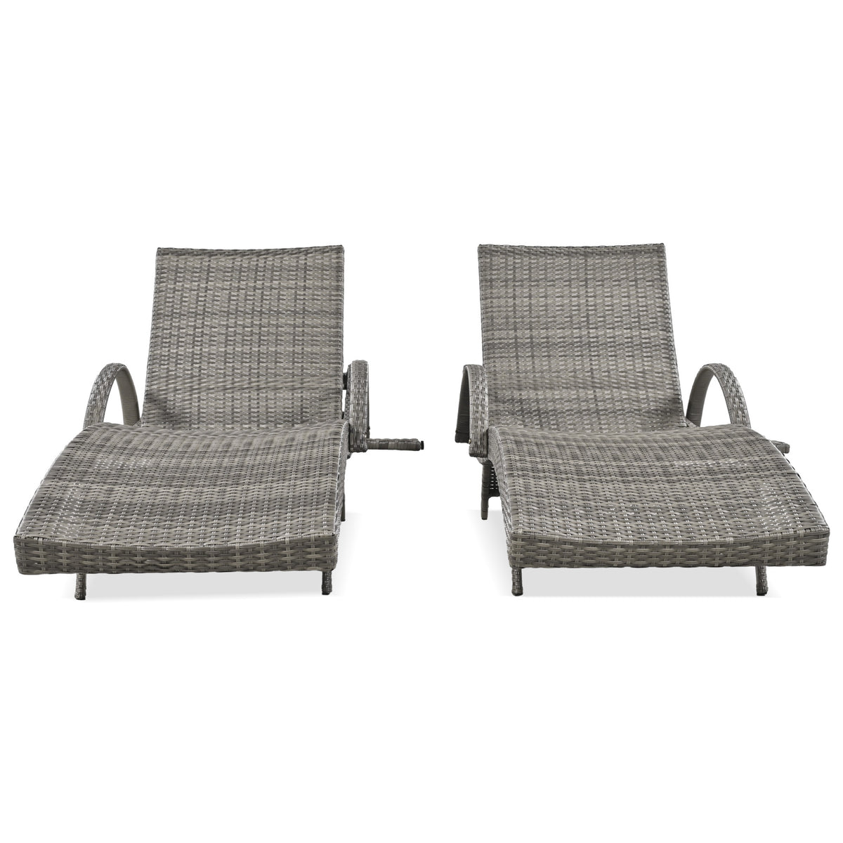 Outdoor wicker chaise lounge set with ergonomic wave design in grey by Anthony & Home, showing comfortable cushioned seating.