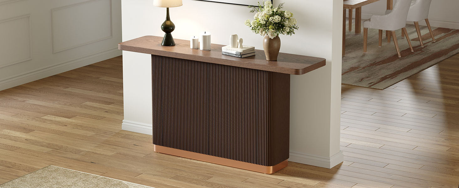 Anthony & Home console table with ash veneer top, fluted base, and metal accents in the Studio Collection.