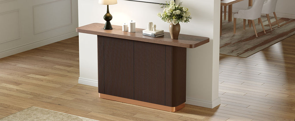 Anthony & Home console table with ash veneer top, fluted base, and metal accents in the Studio Collection.