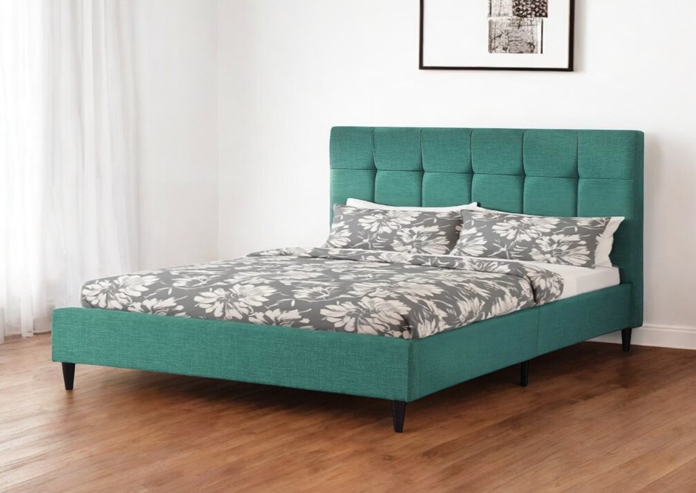 Turquoise Tufted Fabric Upholstered Queen Bed Frame