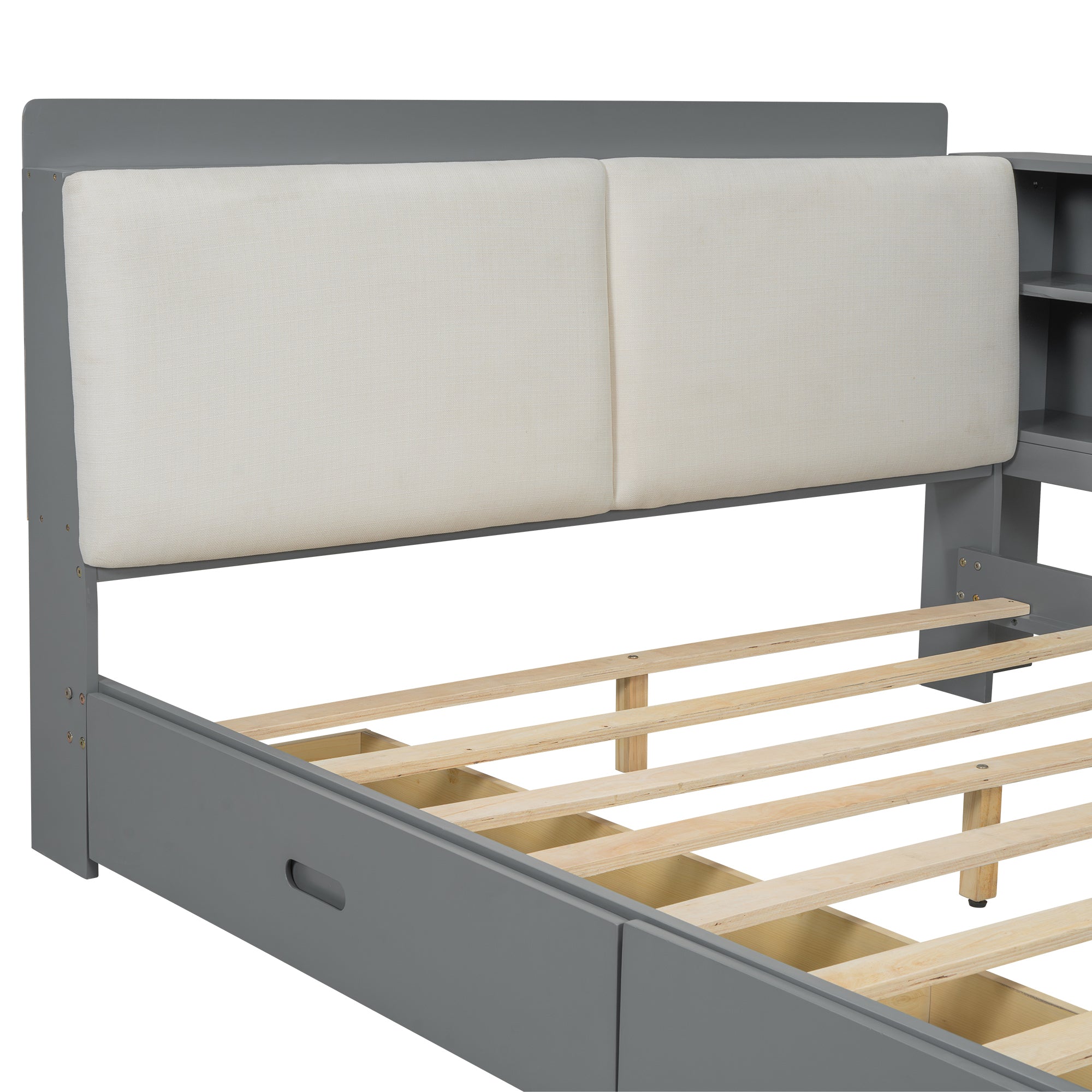Limited edition solid wood platform bed with built-in storage by Anthony & Home, showcasing a modern design and natural wood finish.