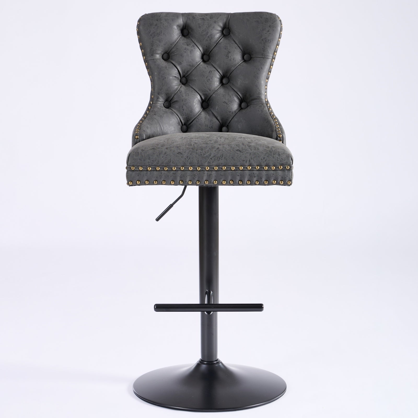Pair of Anthony & Home tufted PU leather bar stools, 26-33 inch height, set of 2, with modern tufted design and wooden legs.