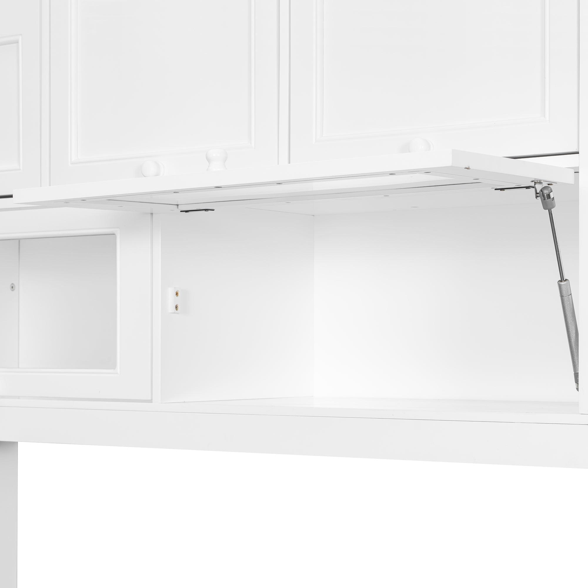 White twin-size solid wood Murphy bed with integrated TV stand, two drawers, and cabinets by Anthony & Home.