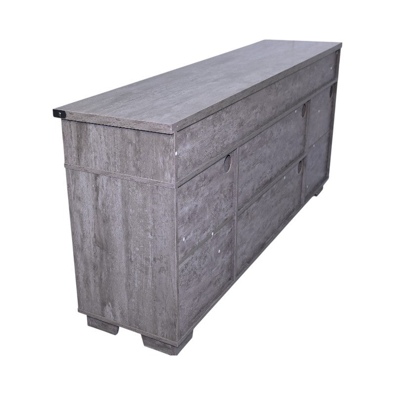 Anthony & Home Iron Mesh Barn Door TV Stand Signature Edition with rustic iron mesh doors and wooden top for media storage.