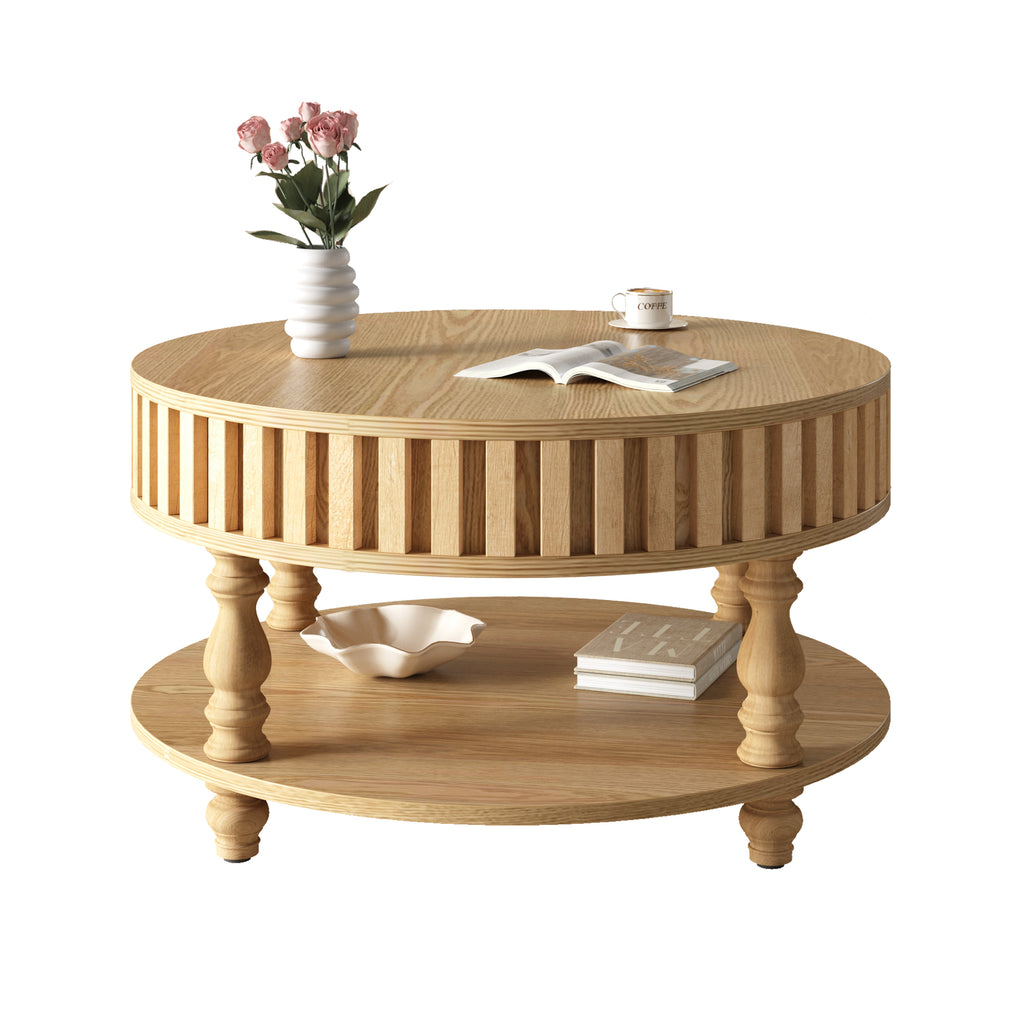 Mid-century fluted coffee table with storage in natural oak finish from Anthony & Home's Atelier Collection.