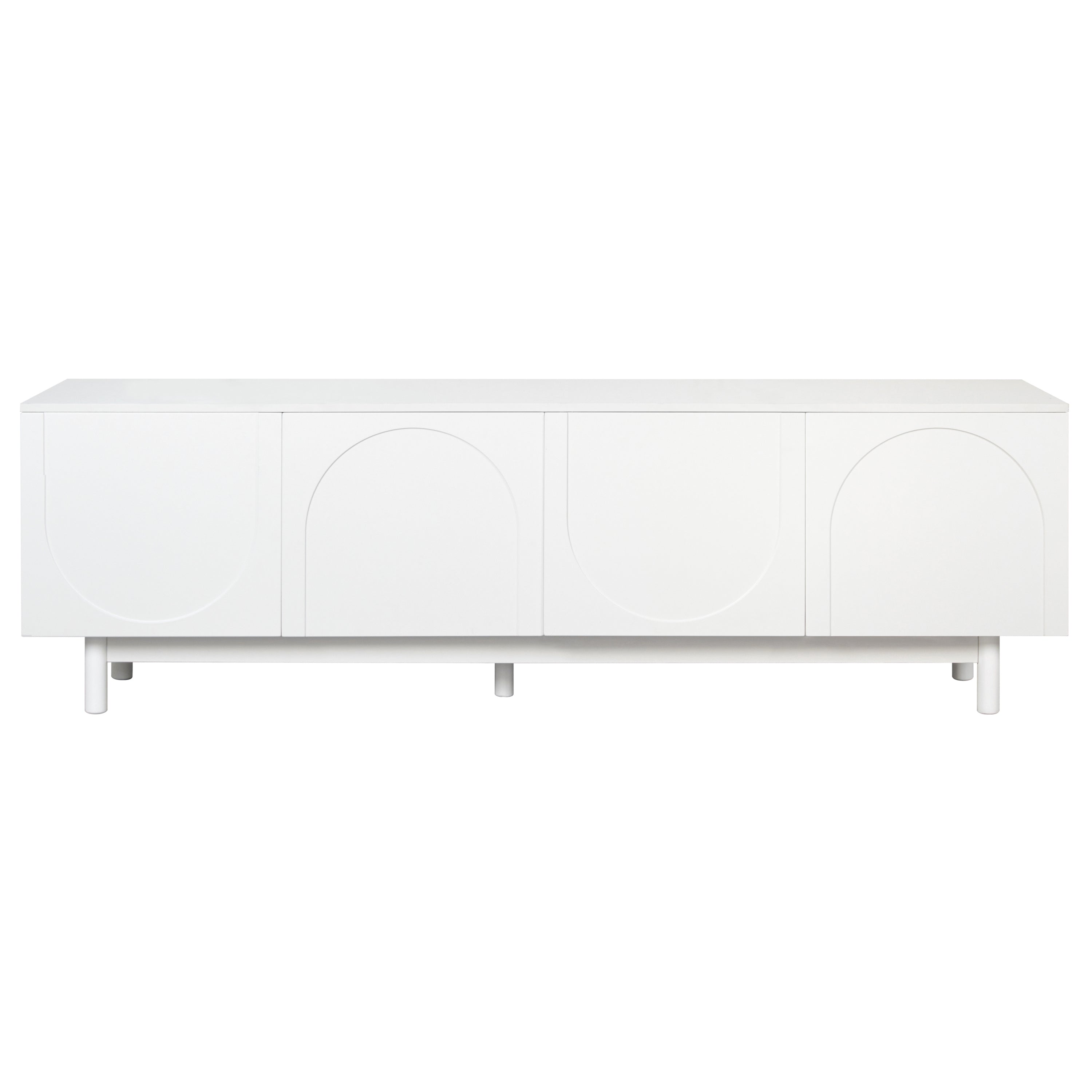 White Anthony & Home Graceful TV stand with arch cabinets, solid wood legs, adjustable shelves, for TVs up to 78 inches, minimalist design.