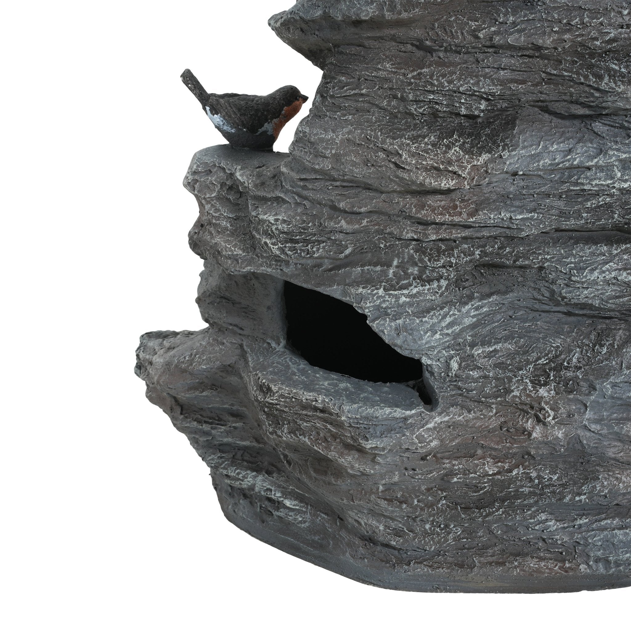 Concrete rock waterfall fountain with four tiers by Anthony & Home, featuring a natural stone design and flowing water.