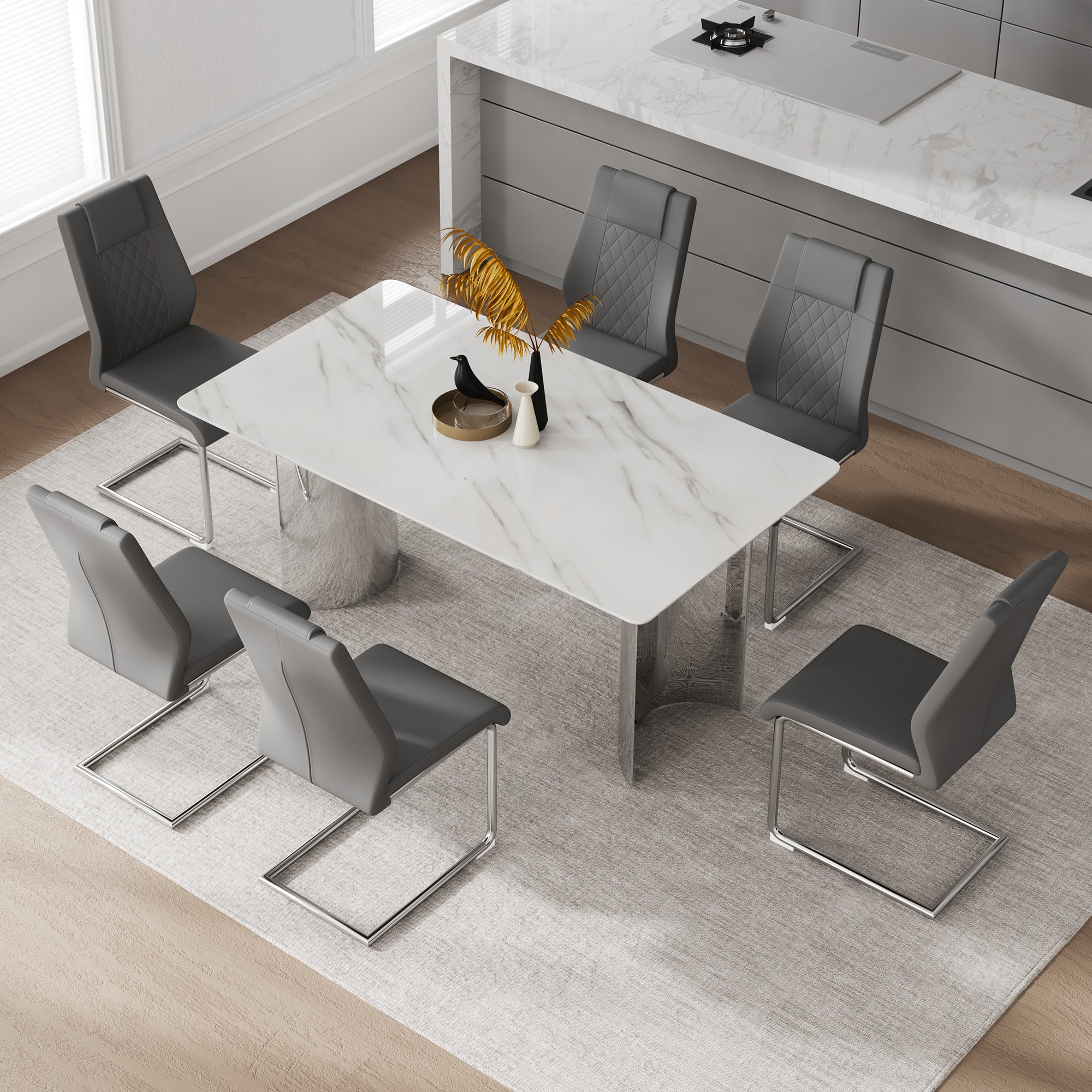 Exclusive Minimalist Dining Table Set For Six With Marble Glass Surface Stainless Steel Legs Dark Gray PU Seats