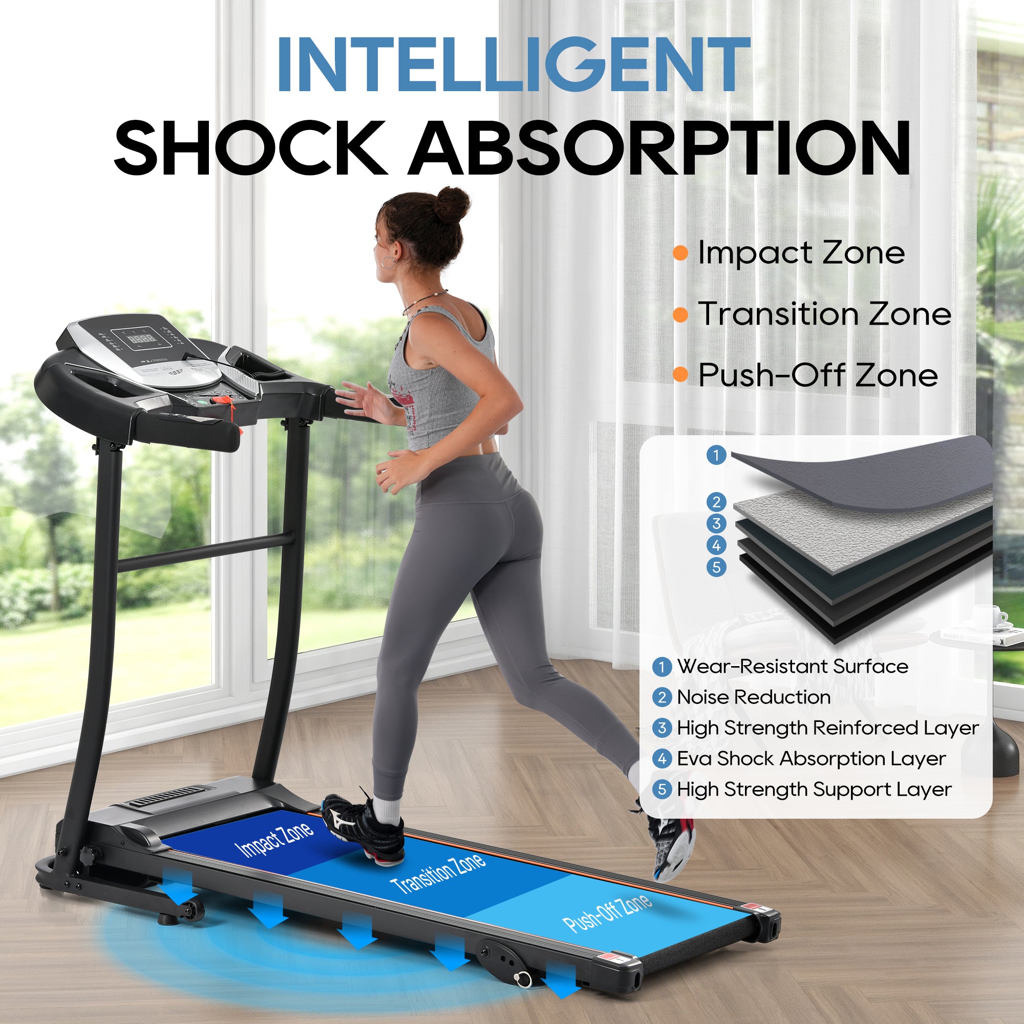 Anthony & Home elite folding treadmill with incline, 2.5 HP brushless motor, heart rate sensor, brushed aluminum frame, ready for home use