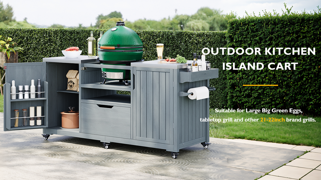 Anthony & Home solid wood outdoor kitchen island with storage for Big Green Egg studio, featuring a spacious, durable design.