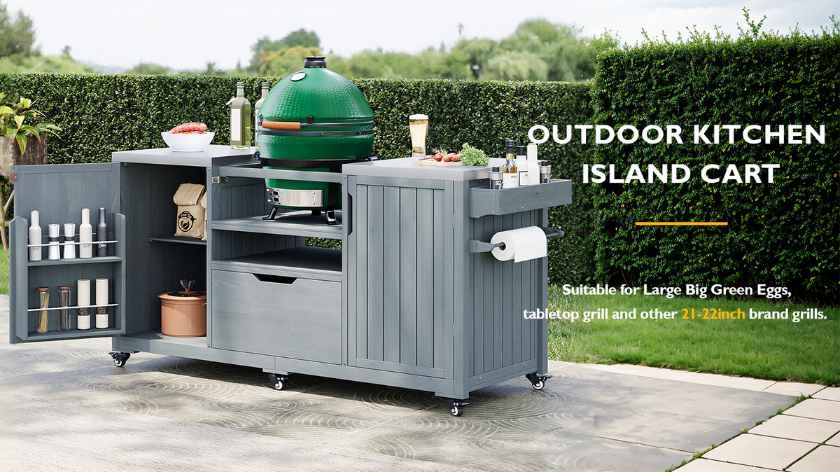 Anthony & Home solid wood outdoor kitchen island with storage for Big Green Egg studio, featuring a spacious, durable design.
