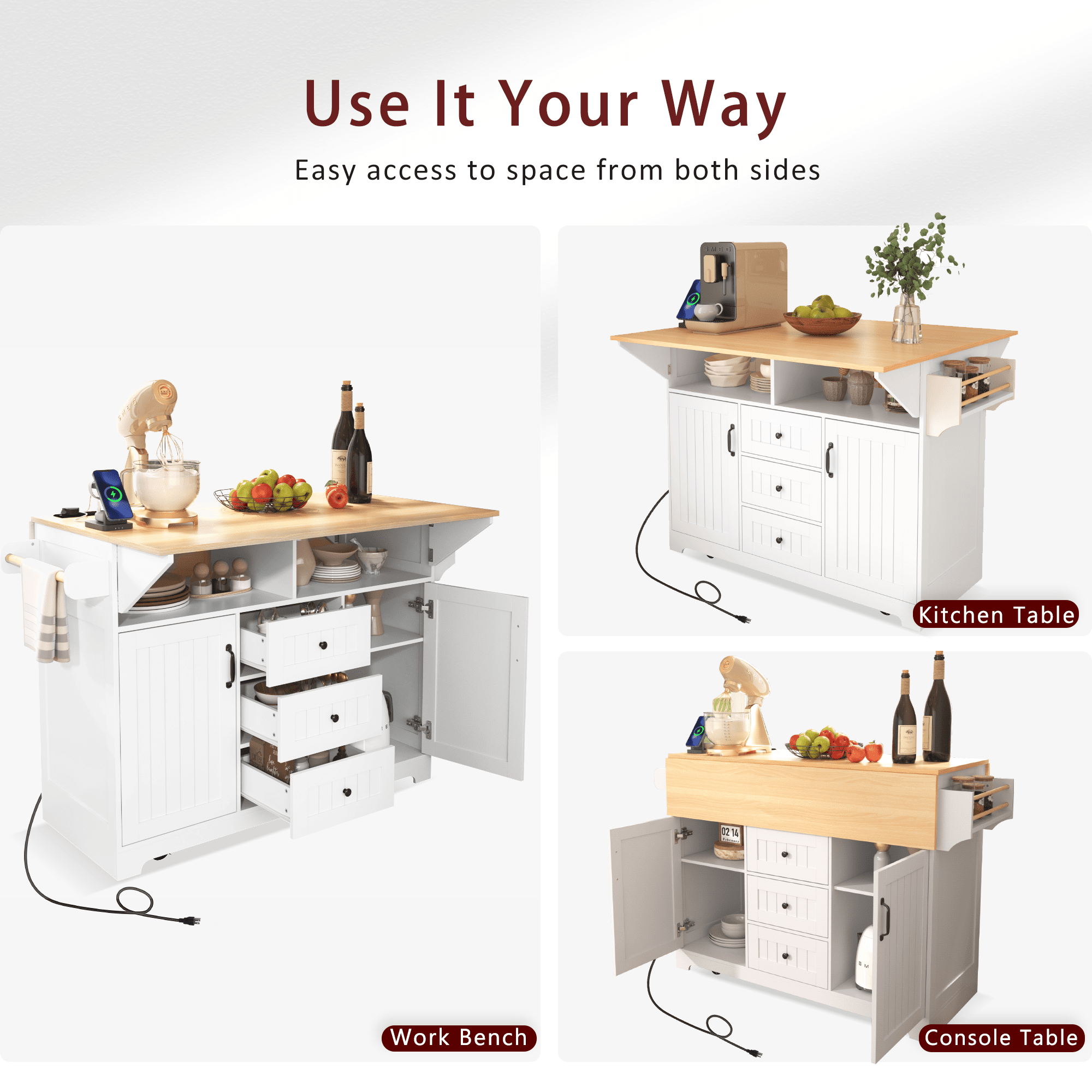 Anthony & Home Signature White Farmhouse Kitchen Island with Drop Leaves, showing a sturdy wooden surface and spacious storage.