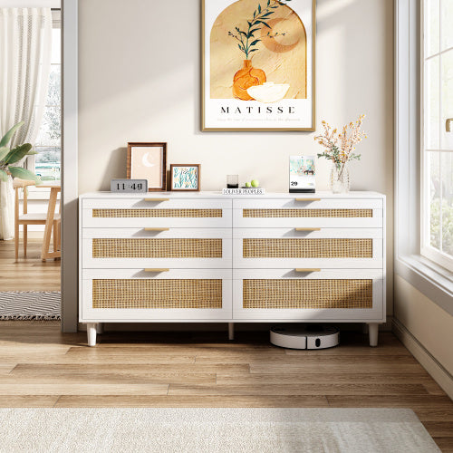 59 Inch Rattan Dresser With Six Drawers White Wood Legs