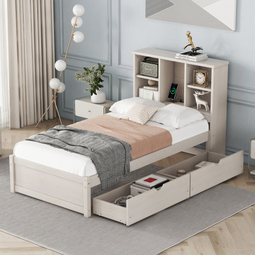 Modern Twin Size Bed Frame With USB Port Bookcase Headboard