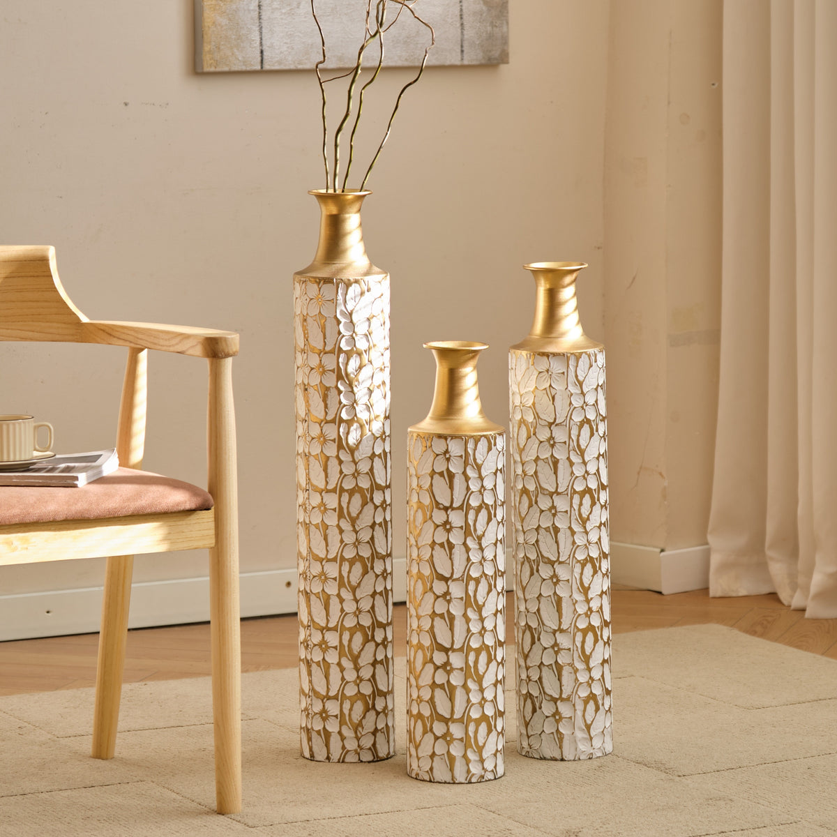 Heritage Collection Anthony & Home floor vase trio featuring three tall, elegant ceramic vases with intricate patterns and neutral tones.