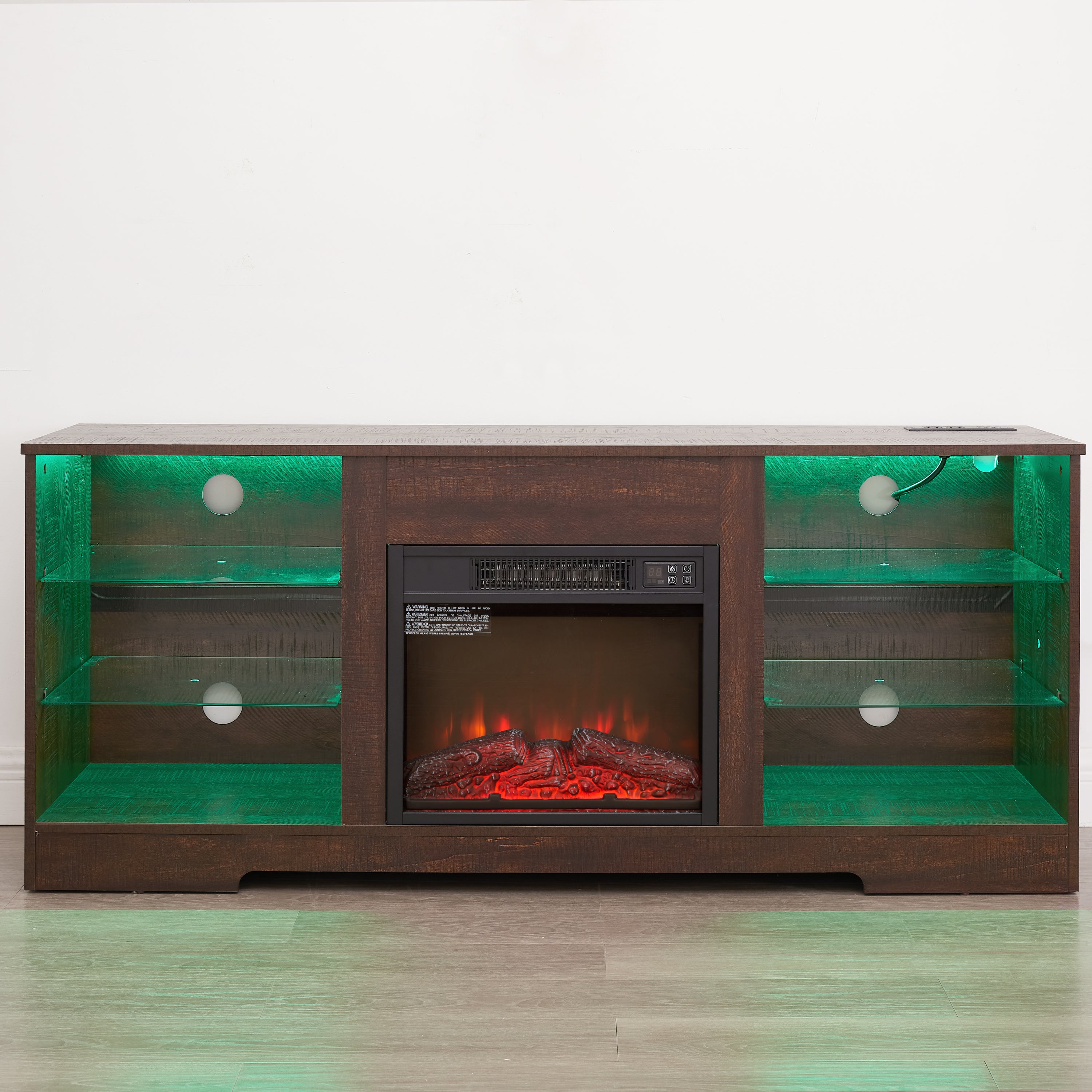 Electric fireplace TV stand by Anthony & Home with glass shelves, LED lighting, USB outlet, in the Studio Collection.