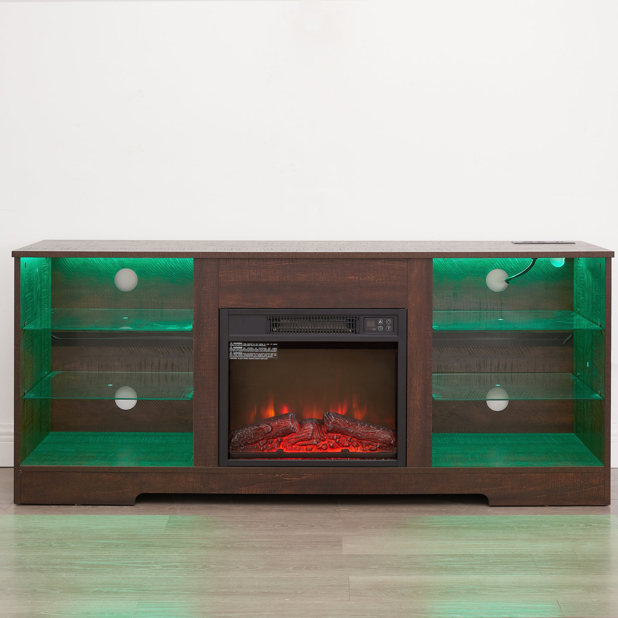 Electric fireplace TV stand by Anthony & Home with glass shelves, LED lighting, USB outlet, in the Studio Collection.