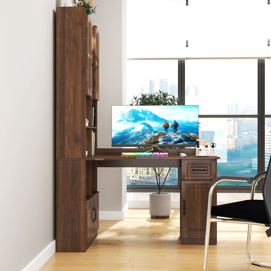 L-shaped corner desk with oak veneer finish and hutch from Anthony & Home, showcasing a spacious workspace with storage options.