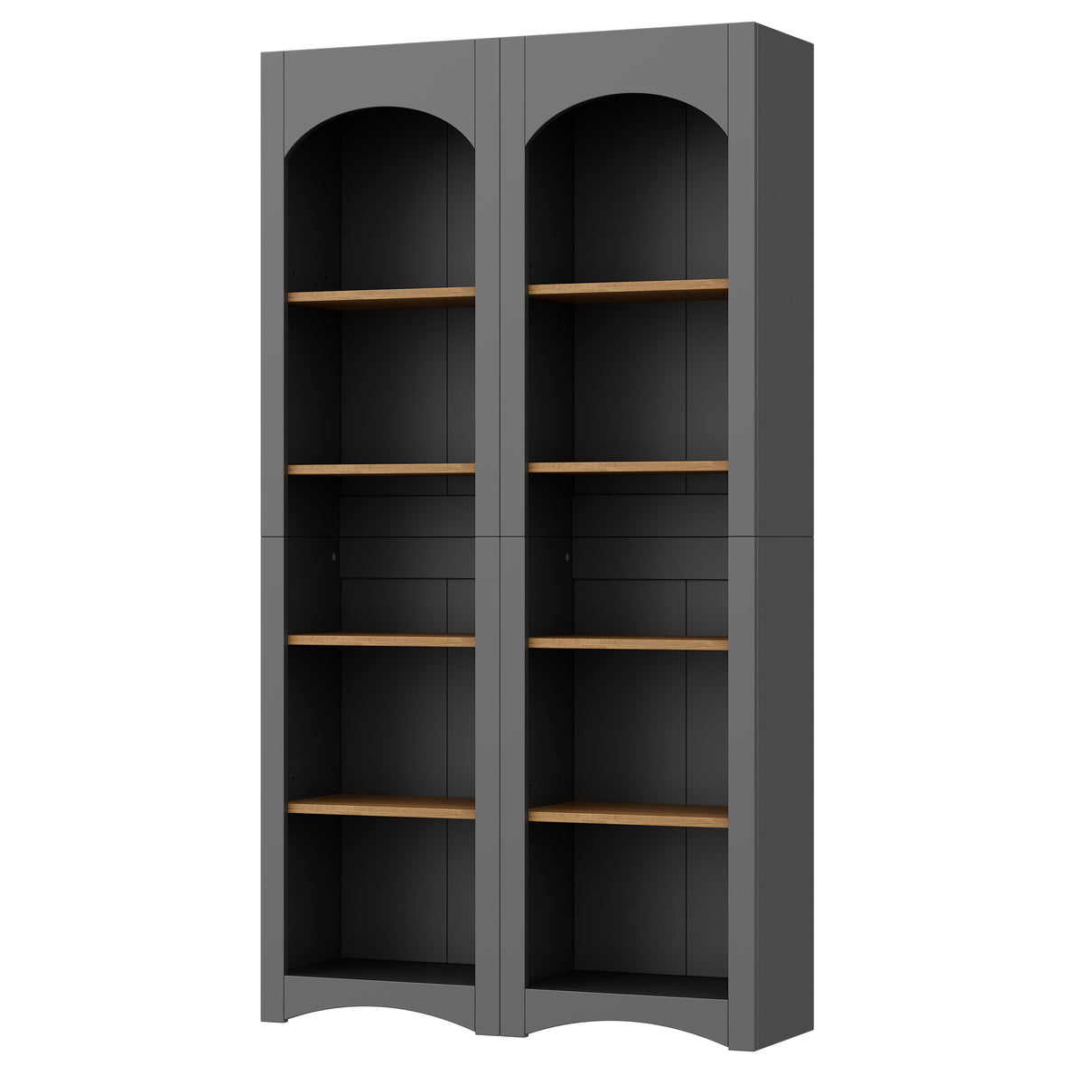 Anthony & Home Atelier two-tone farmhouse 5-tier bookcase set with rustic wood shelves and black metal frame.