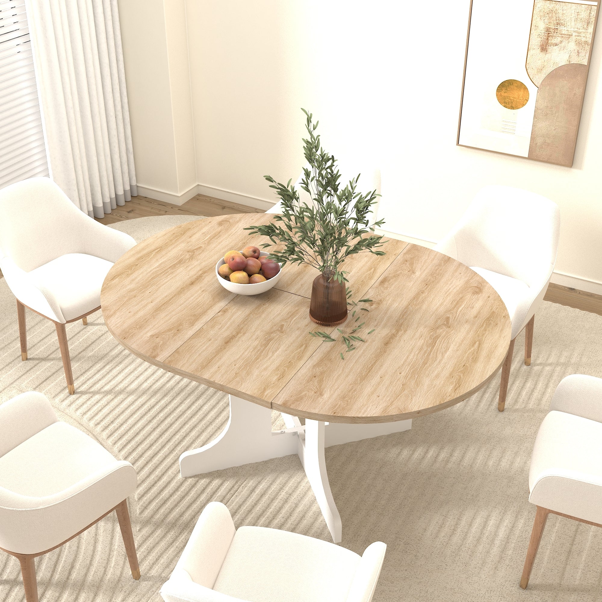 White Oak Edition oval dining table with expandable leaf by Anthony & Home, showcasing a sturdy wooden surface and elegant design.