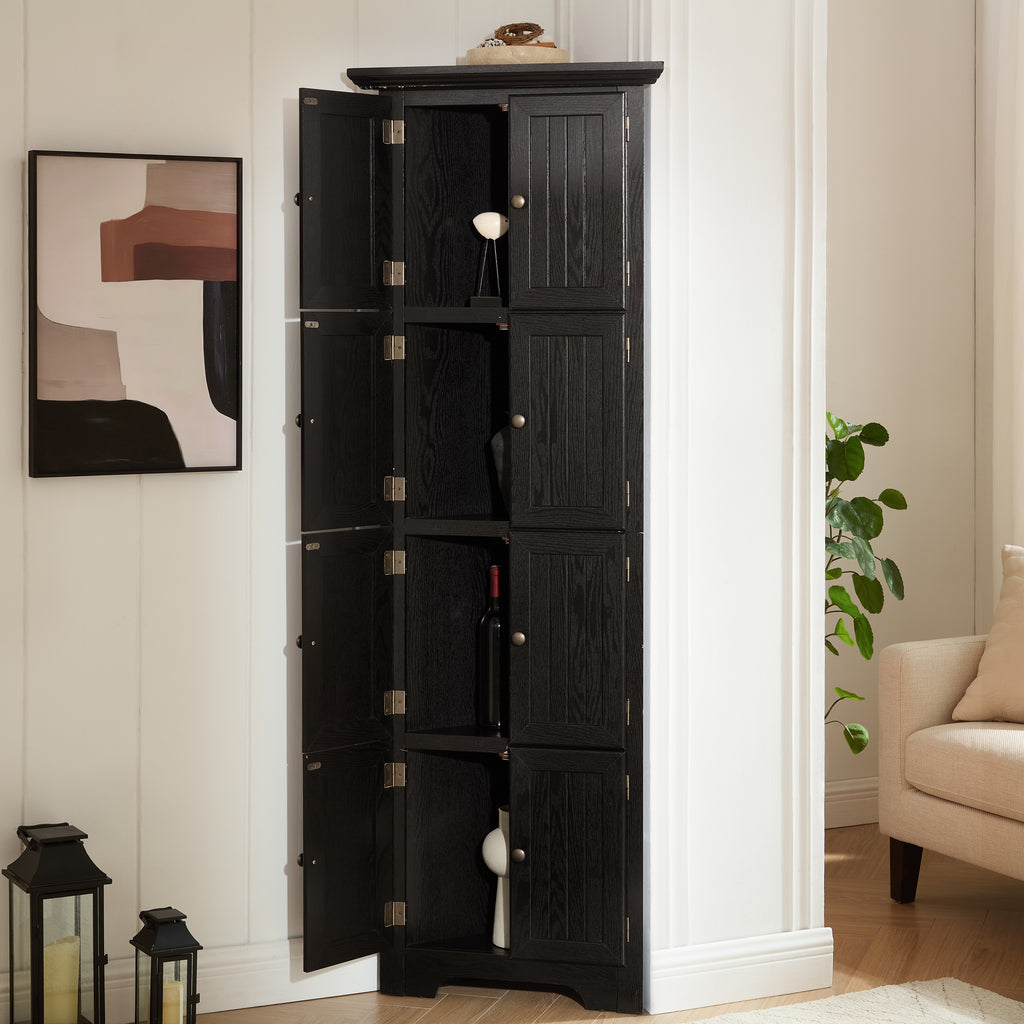 Matte black corner pantry cabinet from Anthony & Home's Studio Collection, featuring shelves and storage space.