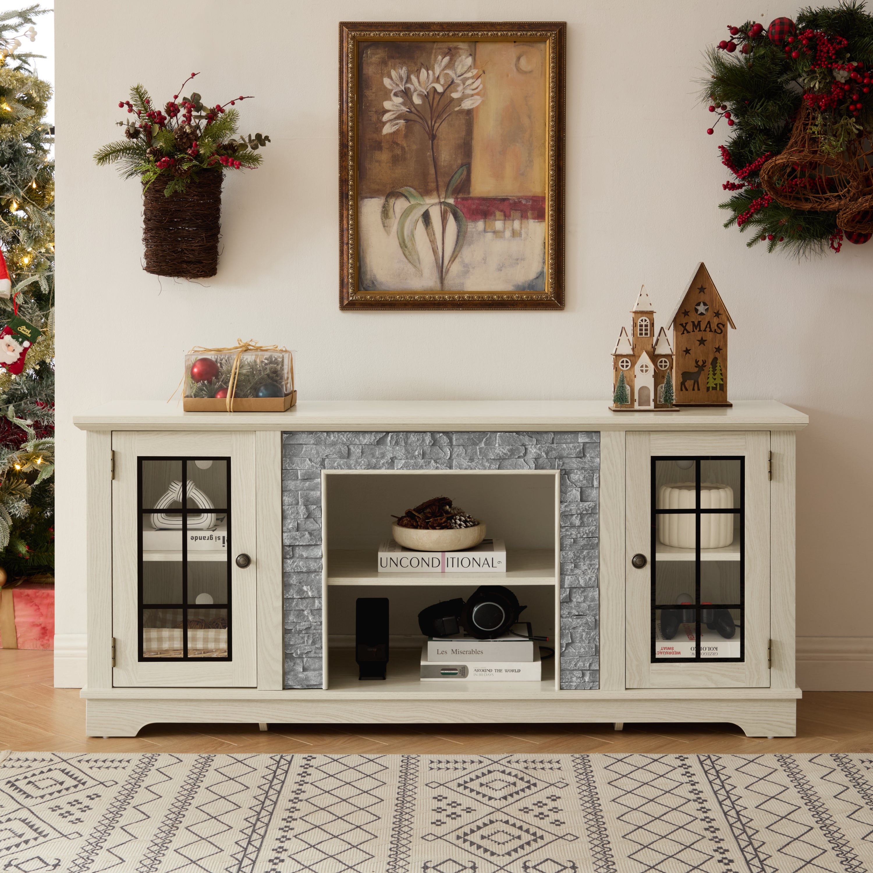 White 58-inch modern TV stand with faux stone accents, 2-door storage, and large media console for living room entertainment.