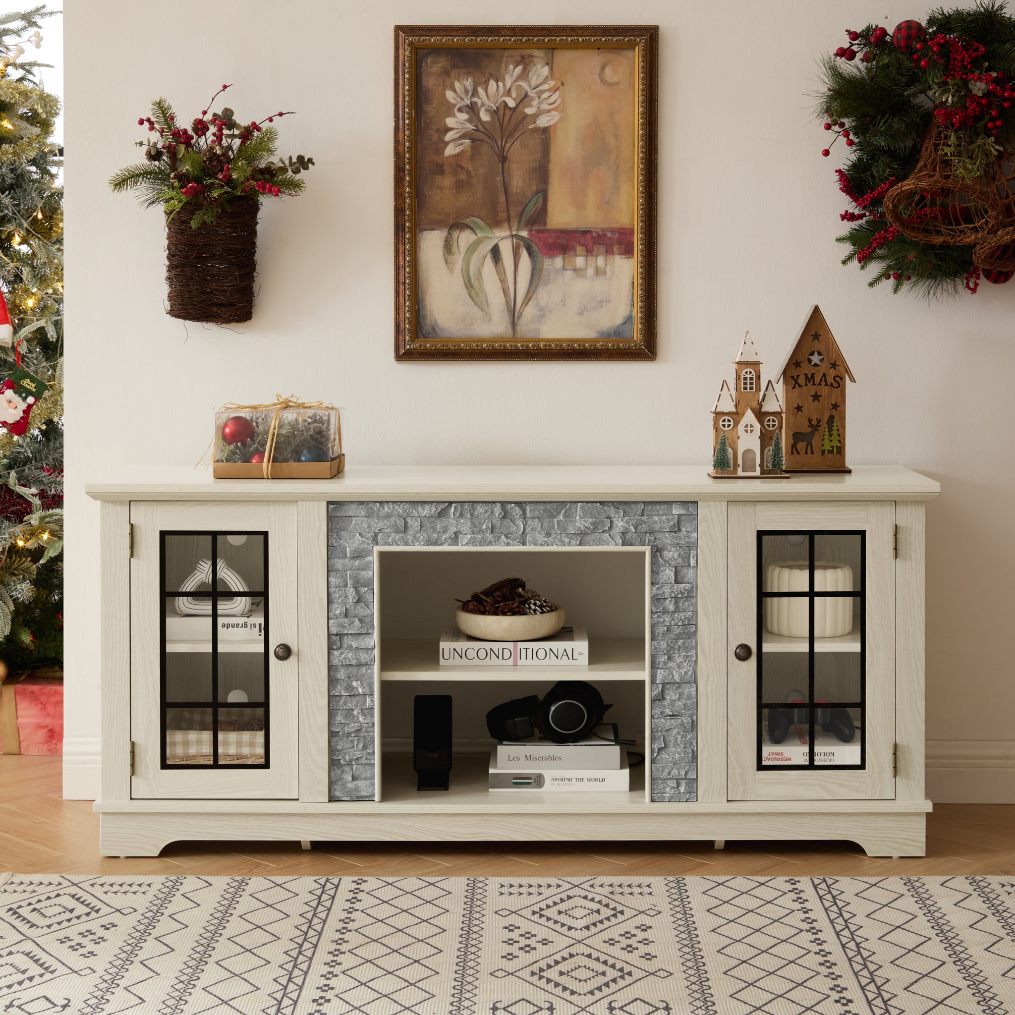 White 58-inch stone-textured TV stand by Anthony & Home with two doors, modern storage for living room entertainment.