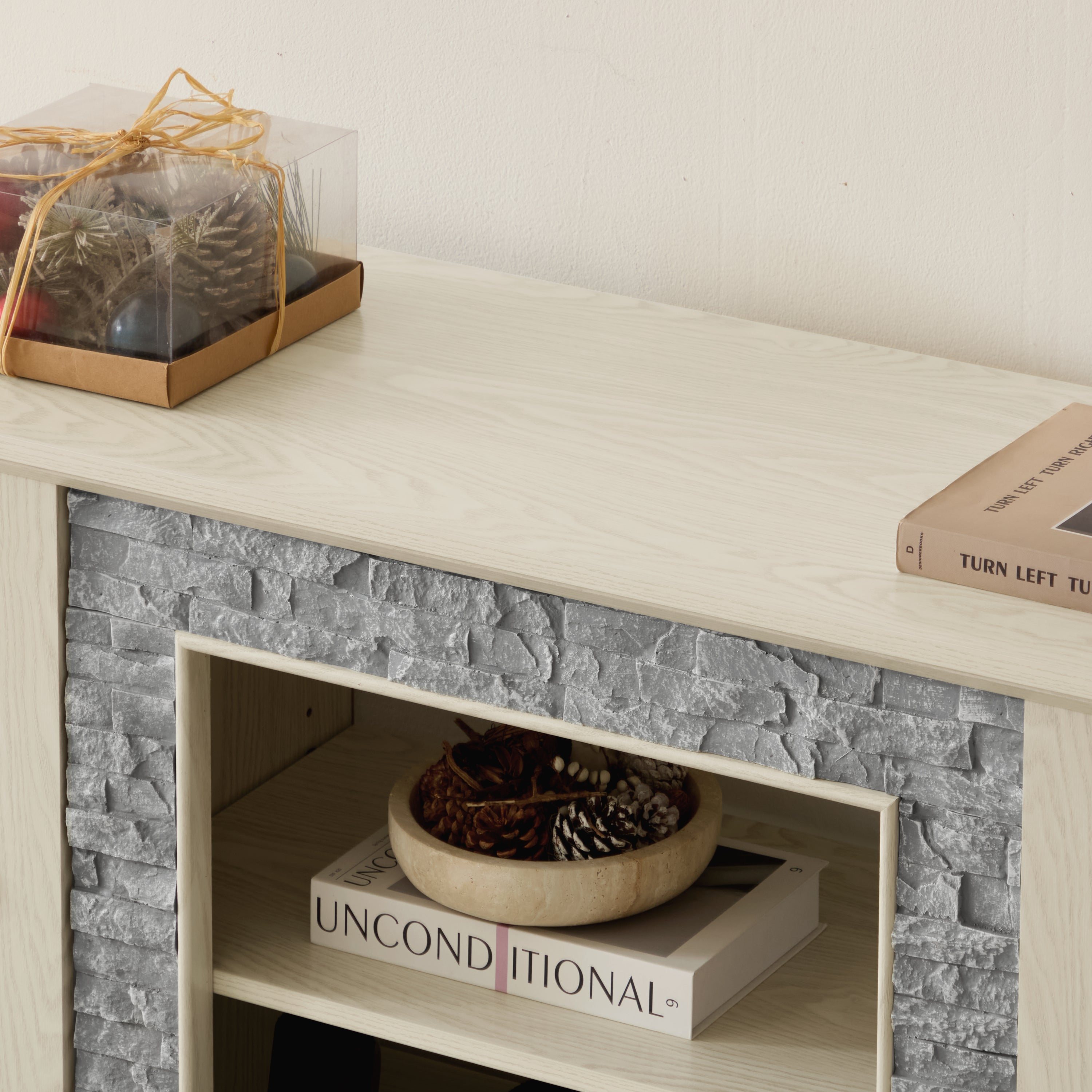 Modern 58-inch white TV stand with faux stone accents, 2-door storage, perfect for living room entertainment centers.