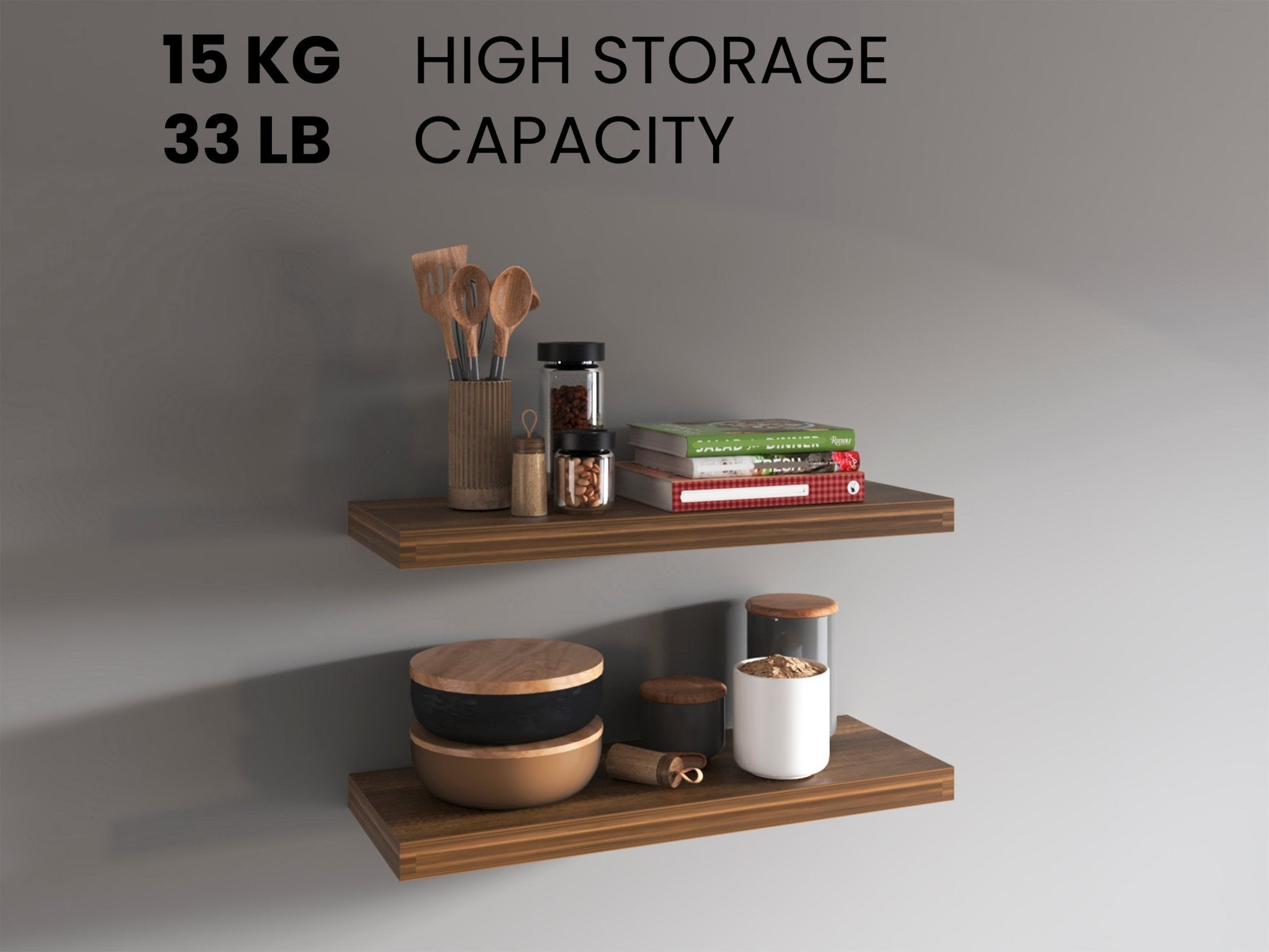 Walnut floating shelves from Anthony & Home, two-shelf system, Elite Edition, showcasing sleek walnut wood design for modern decor.