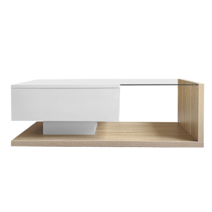 High Gloss White And Wood Coffee Table With Glass And LED