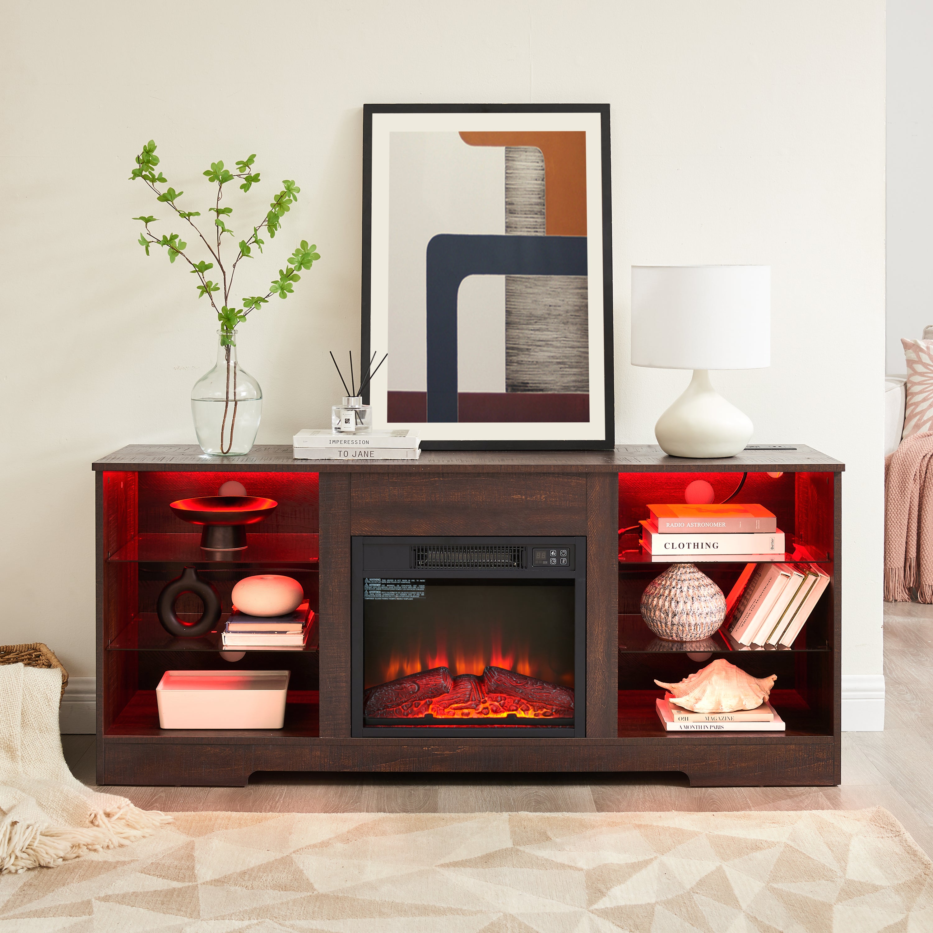 Anthony & Home electric fireplace TV stand with glass shelves, LED lighting, USB outlet, studio collection in modern design.