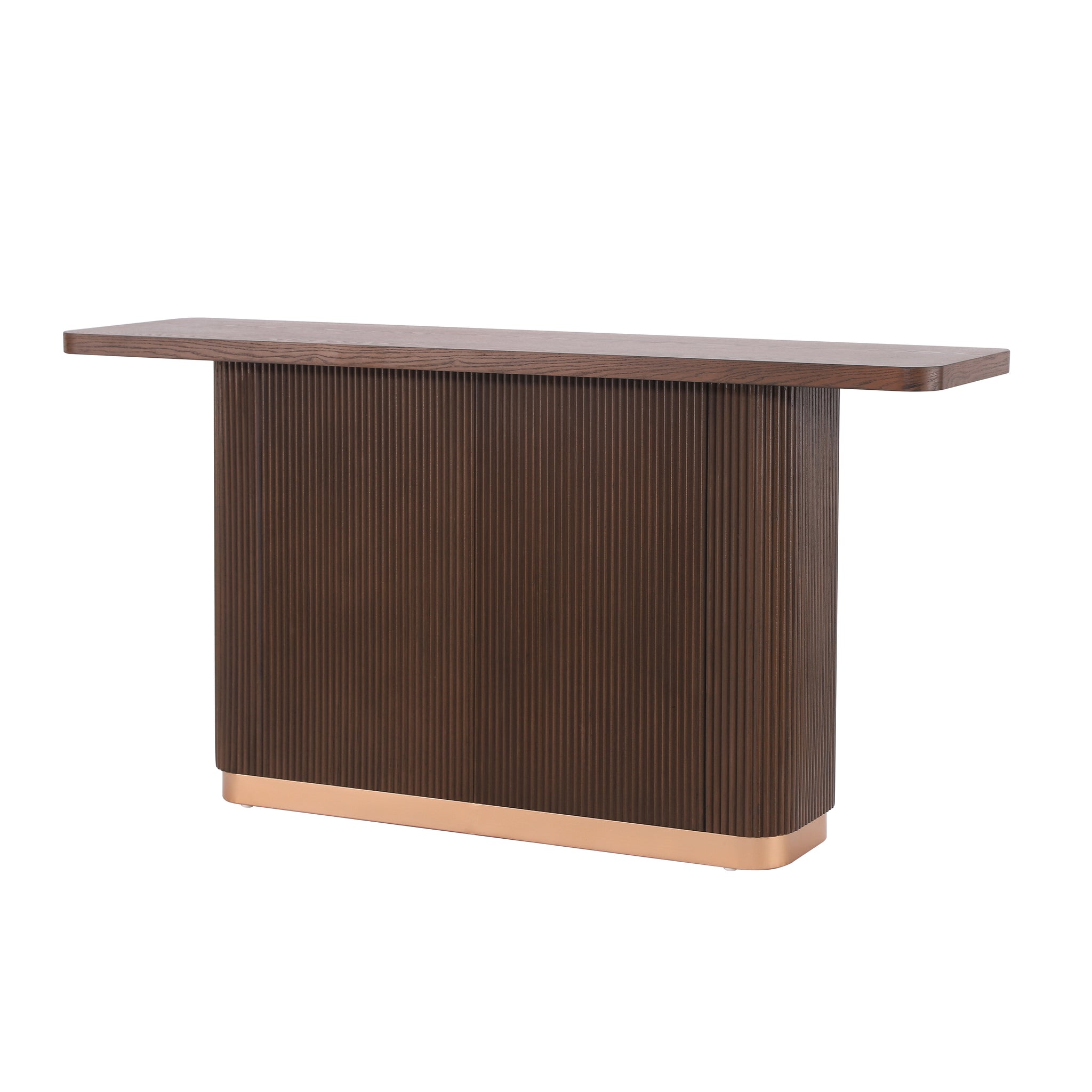Anthony & Home console table with ash veneer top, fluted base, and metal accents from the Studio Collection.
